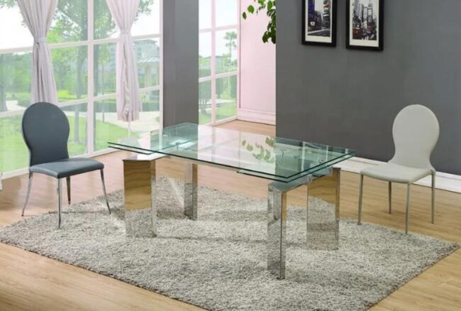 Extendable glass-metal dining table Cubic