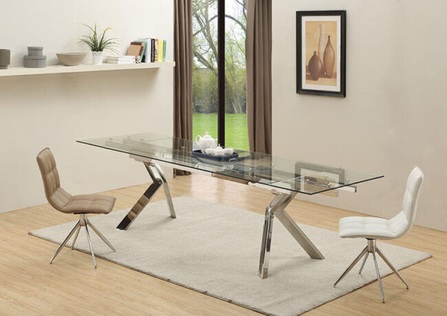 stainless steel and extendable glass dining table Archer side view