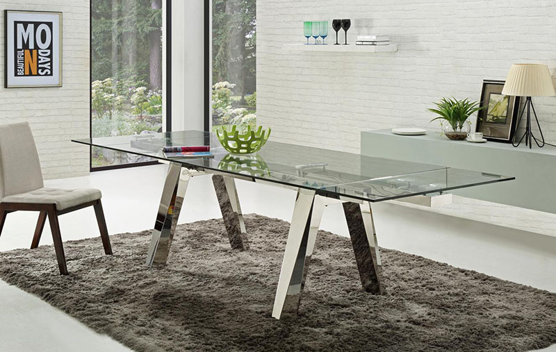 mesa de comedor extensible de cristal con diseño chic