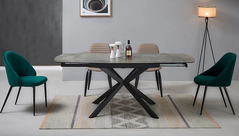 Extendable tempered glass dining table DT8858-9 with natural grain, with chairs from China supplier